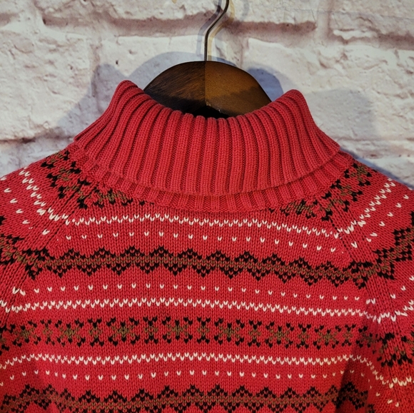 Lands’ End Red Fair Isle Striped Turtleneck Cotton Pullover Sweater - Picture 3 of 11